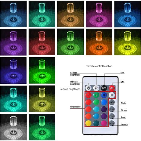 Lampe de Table en Cristal - Lampe de Table LED Diamant avec 16 Couleurs - Lumière d'Ambiance Rechargeable - Commande Tactile et Télécommande (1/4)