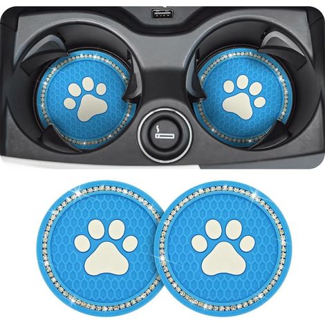 Lot de 2 protège-gobelets de voiture, tapis de porte-gobelet universel antidérapant en PVC avec strass et motif patte, orné de strass (bleu et blanc).