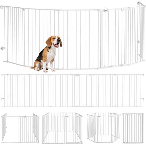 PawHut Welpenauslauf faltbar 90cm Hoch Freilaufgehege mit 6 Paneelen, Welpenlaufstall mit abschließbarer Tür, Hundelaufstall für drinnen und draußen, für mittelgroße Hunde, 123 x 102 x 90 cm, Weiß (1/5)
