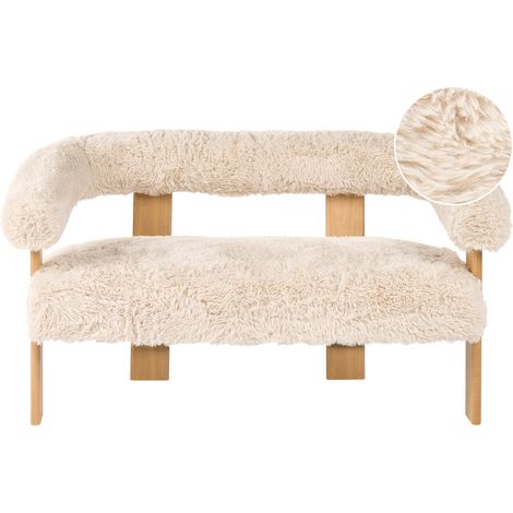 Sofá 2 plazas retro salón tapizado de pelo sintético patas de madera blanco crema y marrón claro Ilbro