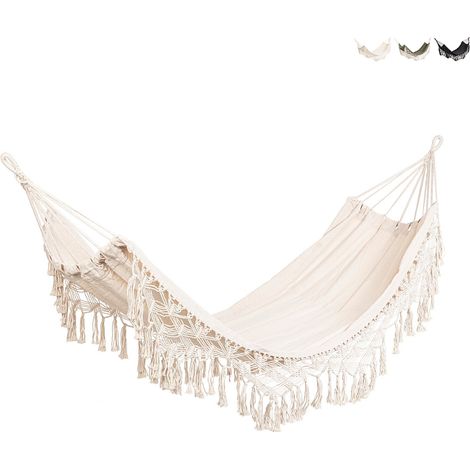 Hamac de jardin en coton style bohème chic 200x100 Eldoris YES - Blanc (1/4)