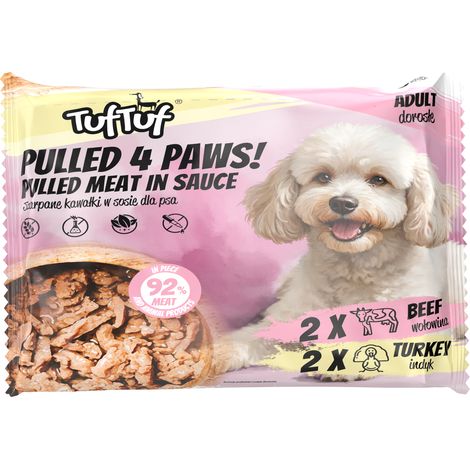 Cibo umido per cani TufTuf Pulled Pieces, 2x Manzo, 2x Tacchino, 4x100g (1/2)