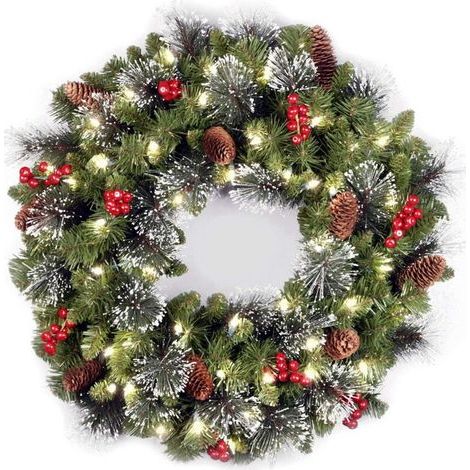 National Tree Company Guirlande de Noël artificielle pré-illuminée, vert, épinette Crestwood, lumières blanches, décorée de pommes de pin, grappes de baies, branches givrées, collection de Noël, 24 po (1/4)