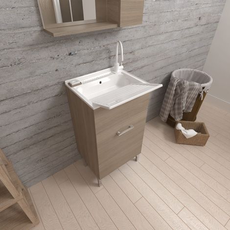 Kiamami Valentina – Lavoir avec meuble 45x50 – 1 porte – Planche à laver en ABS amovible – Finition chêne naturel – Vasque en polypropylène 26,5cm