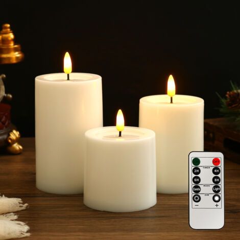 Pack extérieur de 3 bougies LED étanches sans flamme avec télécommande, fonction minuterie de cycle, huile de cire à piles vacillante en plastique (ivoire, 7,5 cm x 10, 12,5, 15, 17,5 (1/5)