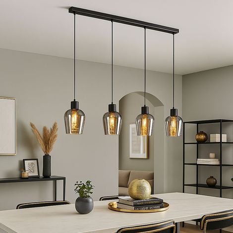 Lampada a sospensione lampada da tavolo 4 fiamme lampada a sospensione retrò vetro fumé lampada da soggiorno, metallo nero, 4x E27, LxH 103,5 x 150 cm