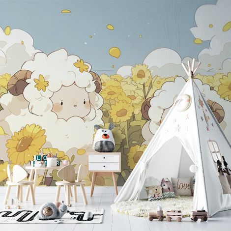 Papier peint enfant moutons douillets dans un champ de tournesols 1 - 150 x 250 cm (1/2)