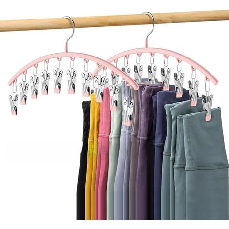 Appendiabiti in metallo per pantaloni da yoga, con 10 clip per 20 paia, rivestimento in gomma salvaspazio, colore rosa. (1/5)