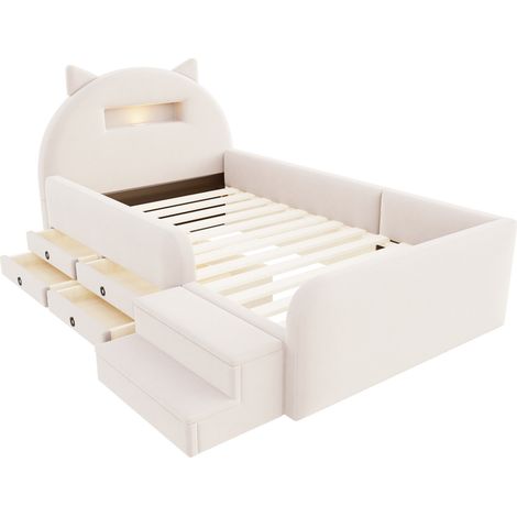 Cama infantil tapizada 90 x 200 cm beige con cabecero orejas, almacenaje, LED y USB (1/5)