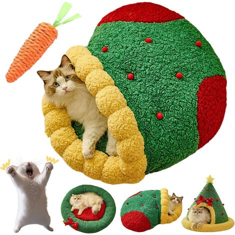 Lit Grotte pour Chat en Forme d'Arbre de Noël, Lit chaud pour chat de Noël, Démontable et lavable, Pour l'hiver, Pour dormir, faire la sieste, se cacher et jouer (Chaussette,M) (1/4)