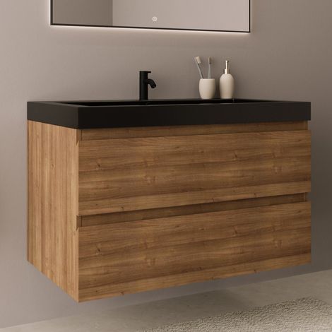 LOMAZOO meuble de salle de bain Monaco chêne chaud - lavabo noir (1/5)