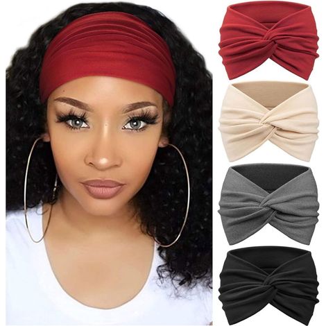 Ensemble de 4 bandeaux pour femmes, bandeau rétro, nœud croisé, accessoires de bandeau élastique (rouge, beige, gris foncé, noir). (1/5)