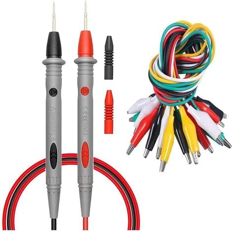 Kit de test multimètre numérique 1000 V / 20 A – 10 câbles isolés soudés avec pinces crocodile et clips double extrémité