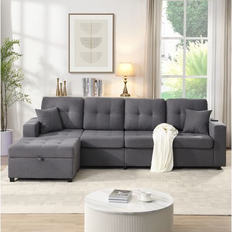 Divano angolare modulare 253x144,5x80,7 cm in tessuto lino grigio con contenitore – MEUBLIV (1/5)