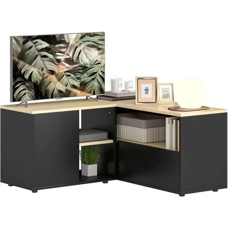 Meuble TV d'angle pour écran jusqu'à 40 pouces avec 2 placards et 3 niches en chêne noir 90x90x45 cm idéal pour salon (1/5)