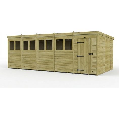 20ft x 10ft Pent Garden Shed Single Door With Windows - Pressure Treated Timber - L610 x W305 x H210 cm - Natural