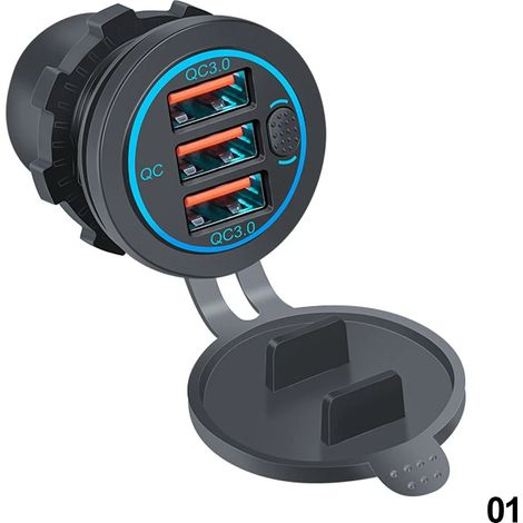 Chargeur de voiture 68 W à triple sortie (USB QC 3.0 et PD Type-C) 12-24 V avec interrupteur tactile, étanche, pour voiture, bateau, camping-car03164