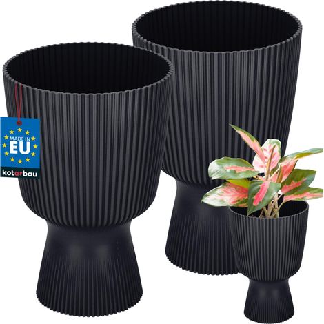 KOTARBAU® Lot de 2 Pot de Fleur Ø 14 cm - Pot de Fleur Interieur - PVC - Pot de Fleur Exterieur - Pot pour Plante avec Socle - Nervuré - Forme de Coupe - H: 21 cm - Anthracite (1/4)