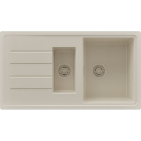 PRIMAGRAN Evier Cuisine en Granit 90x50cm,Lavabo 1,5 bacs + Kit de Vidage, Évier à Encastrer au meuble 60cm - Copenhague Duo, Beige (1/5)