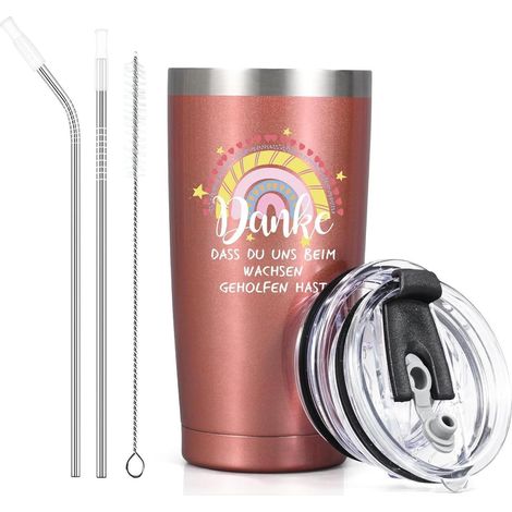 Kaffeebecher 600ml mit Strohhalm, Geschenk Erzieherin Danke, Roségold (1/5)