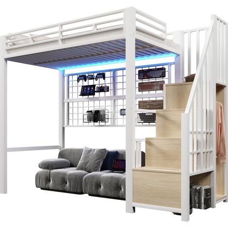 Lit mezzanine 90 x 200 cm avec armoire intégrée, échelle de rangement, grille suspendue et LED 7 couleurs, métal blanc, pour chambre ado, CHICFURN (1/5)