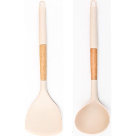 Ensemble de 2 ustensiles de cuisine ergonomiques anti-rayures avec manches en bois naturel, couleur crème, pour poêles antiadhésives. (1/5)