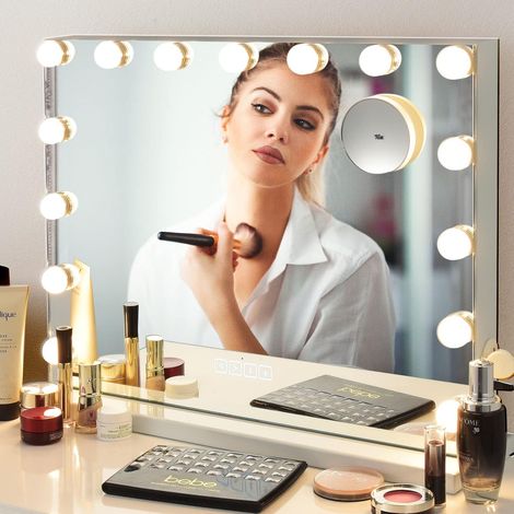 Miroir De Maquillage avec 15 Ampoules LED, Miroir Maquillage Hollywood avec 3 Modes de Luminosité et Musique Bluetooth,Miroir De Table Grossissement 10X, 58 x 48 CM (1/5)