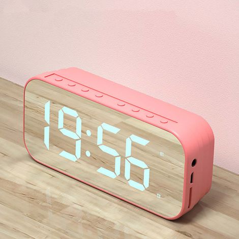 Réveil numérique avec haut-parleur Bluetooth et miroir, affichage numérique, rose, idéal pour la chambre ou le bureau. (1/5)