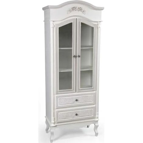 Elegante Vitrine aus massivem Holz, 75 x 39 x 190 cm, antikweiß mit grauen Patina-Details