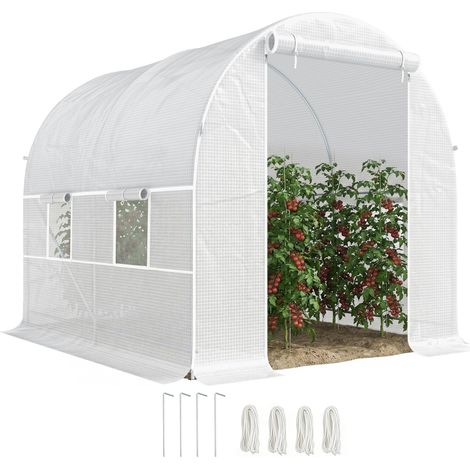 Serre tunnel de jardin 5m², serre de jardin tunnel avec porte et 4 fenêtres, bâche PE 140 g/m² 245 x 200 x 200 cm blanc