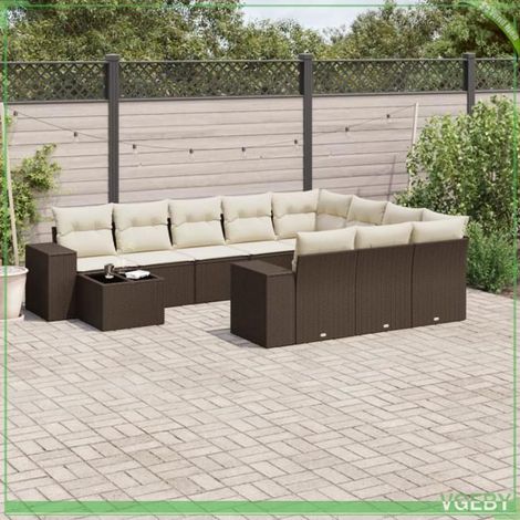 Salon de jardin - 11 pcs - Résine tressée marron - Coussins déhoussables crème - Rangement sous assise étanche (1/3)
