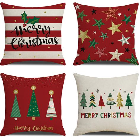 Lot de 4 housses de coussin de noël rouge, décoration de jardin, joyeux noël, en coton et lin, 45x45cm (1/5)