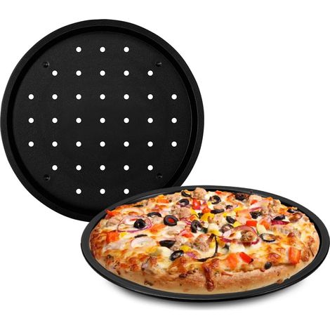 2 Teglie per pizza forate rotonde in acciaio resistente ai graffi - Diametro 32 cm - Teglia da forno con doppio strato antiaderente senza BPA (1/5)