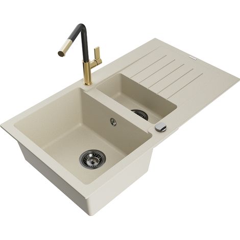 Mexen Matias évier en granit 1,5 bac avec égouttoir et mitigeur Flora, beige - 6502-69-670401-57-B (1/5)