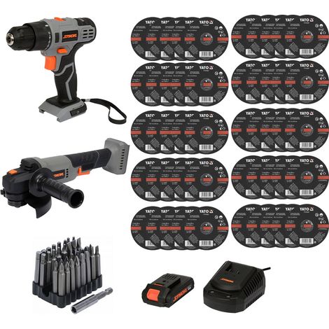 Pack perceuse,meuleuse angle sans fil125mm batterie,chargeur+50 disques+embouts