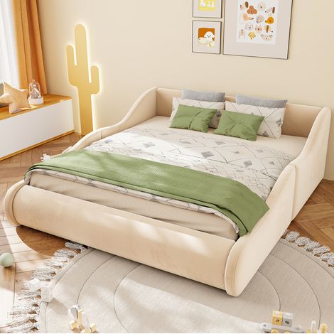 Cama infantil 140x200 cm de terciopelo beige con cabecero, segura - MEUBLIV (1/5)
