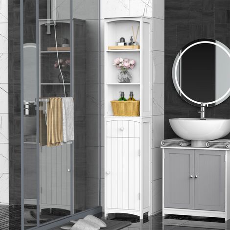 Mueble de baño columna que ahorra espacio en MDF blanco, mueble de baño multifuncional para dormitorio con 3 estantes 34x24x170cm
