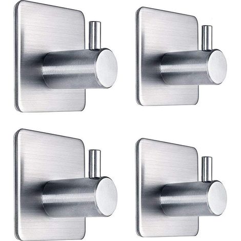 Ganchos adhesivos de pared de alta resistencia, perchas impermeables de acero inoxidable para colgar abrigos, sombreros, toallas y albornoces montaje en pared para baños y dormitorios (paquete de 4). (1/5)
