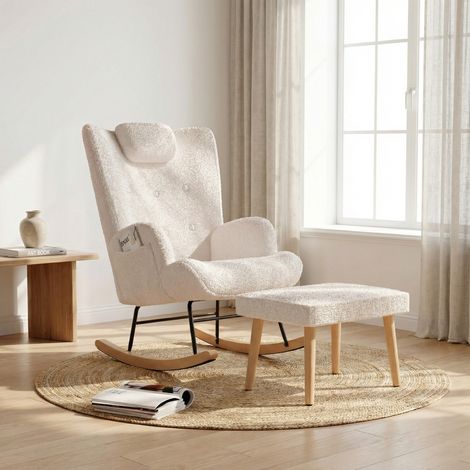 Fauteuil à bascule avec repose pied, rocking chair tissu bouclé teddy, dossier haut, poches latérales, idéal pour salon, chambre ou allaitement - Beige