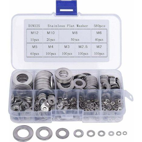 Metallscheiben (580 Stück) mit Kunststoffbox – 9 verschiedene Größen von Edelstahlscheiben: M2, M2,5, M3, M4, M5, M6, M8, M10 und M12 – Sortiment an Flachscheiben für Heimwerker- und Maschinenbauanwen