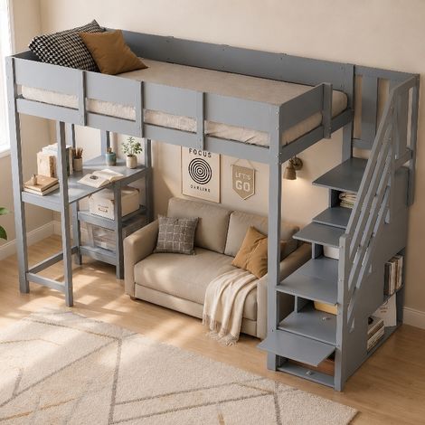 Multifunktionales Hochbett 90x200 mit Stauraum und Treppe, platzsparendes Etagenbett aus Kiefer Massivholz mit Ablage, Jugendbett Grau (1/5)