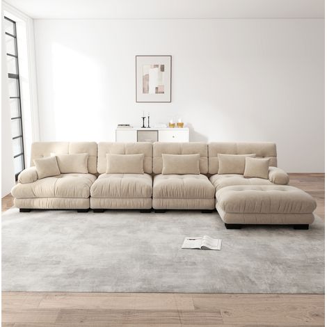 Sofá modular esquinero 406x145x81 cm de chenilla marrón claro con otomana móvil - MEUBLIV (1/5)