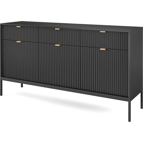 Cassettiera: 3 cassetti, 3 ante, Nero, Nero, 154 x 83 x 39 cm, maniglie dorate (1/5)