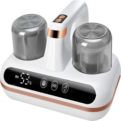 Eliminador de ácaros de doble cámara, potente aspiradora ultrasónica, esterilizador UV (blanco con cepillo giratorio, potencia de succión de 16 kPa, función de carga rápida, portátil). (1/5)
