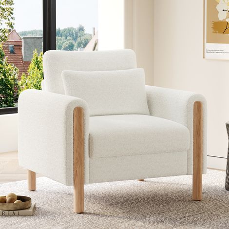 Poltrona 87x83x88.5 cm bianca in Lammfell-Optik con cuscino spesso e struttura in legno massello (1/5)