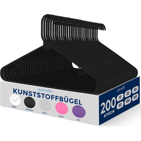 SereneLife Kleiderbügel Kunststoff 200er Set, rutschfest, Schwarz (1/5)