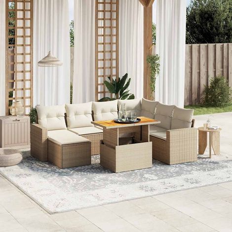 Salon de Jardin 8 Places en Résine Tressée Beige avec Coussins Amovibles - Table Réglable et Mobilier d'Extérieur Modulaire (1/4)
