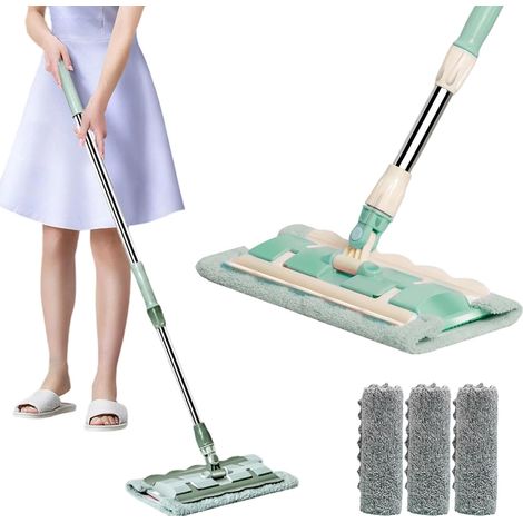 Serpillière plate avec manche en acier inoxydable, tête rotative à 360°, réglable, comprend 4 lingettes réutilisables en microfibre lavables – Nettoyage des sols domestiques (B-Vert nordique) (1/4)