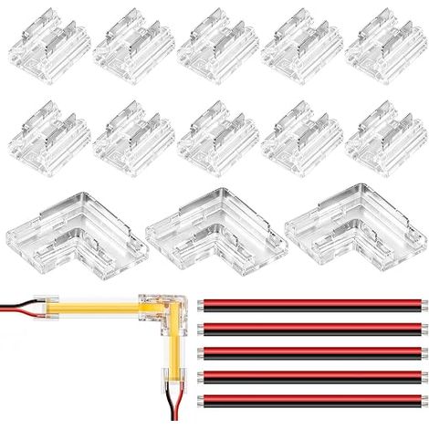 Kit Connecteur Ruban LED FCOB COB 2 Pin 8mm, 10 Connecteurs Transparents Sans Soudure 3 Connecteurs Forme L/Coin Espacement 5pcs 15cm D'extension Sans Soudure Bande LED Intérieur TV Meuble