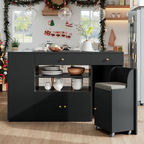 Elément bas de cuisine-îlot multifonction-buffet avec rangements-6 tiroirs-2 tabourets de bar inclus-largeur réglable 140x70x90,5cm (1/5)